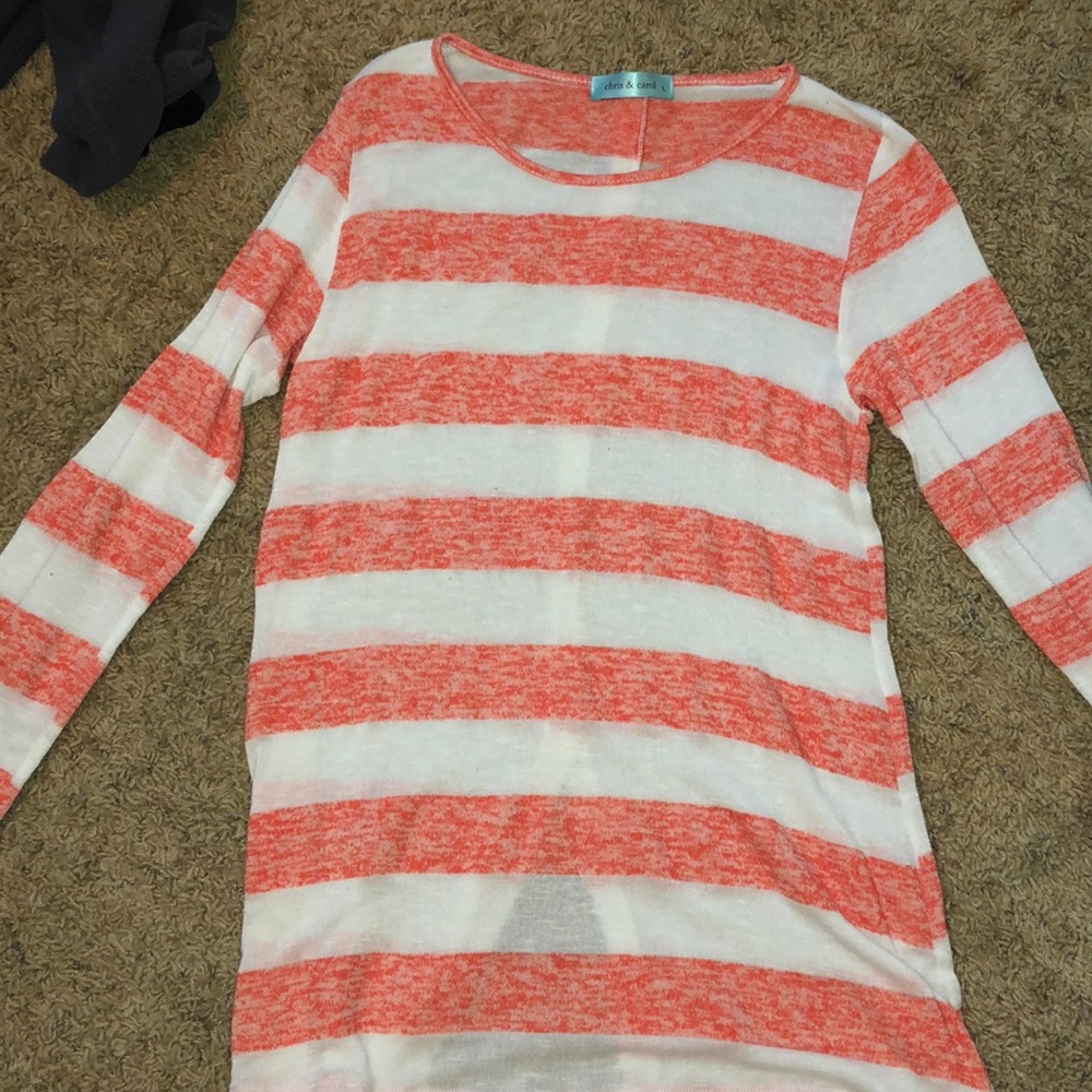chris and carol coral and white striped sweater